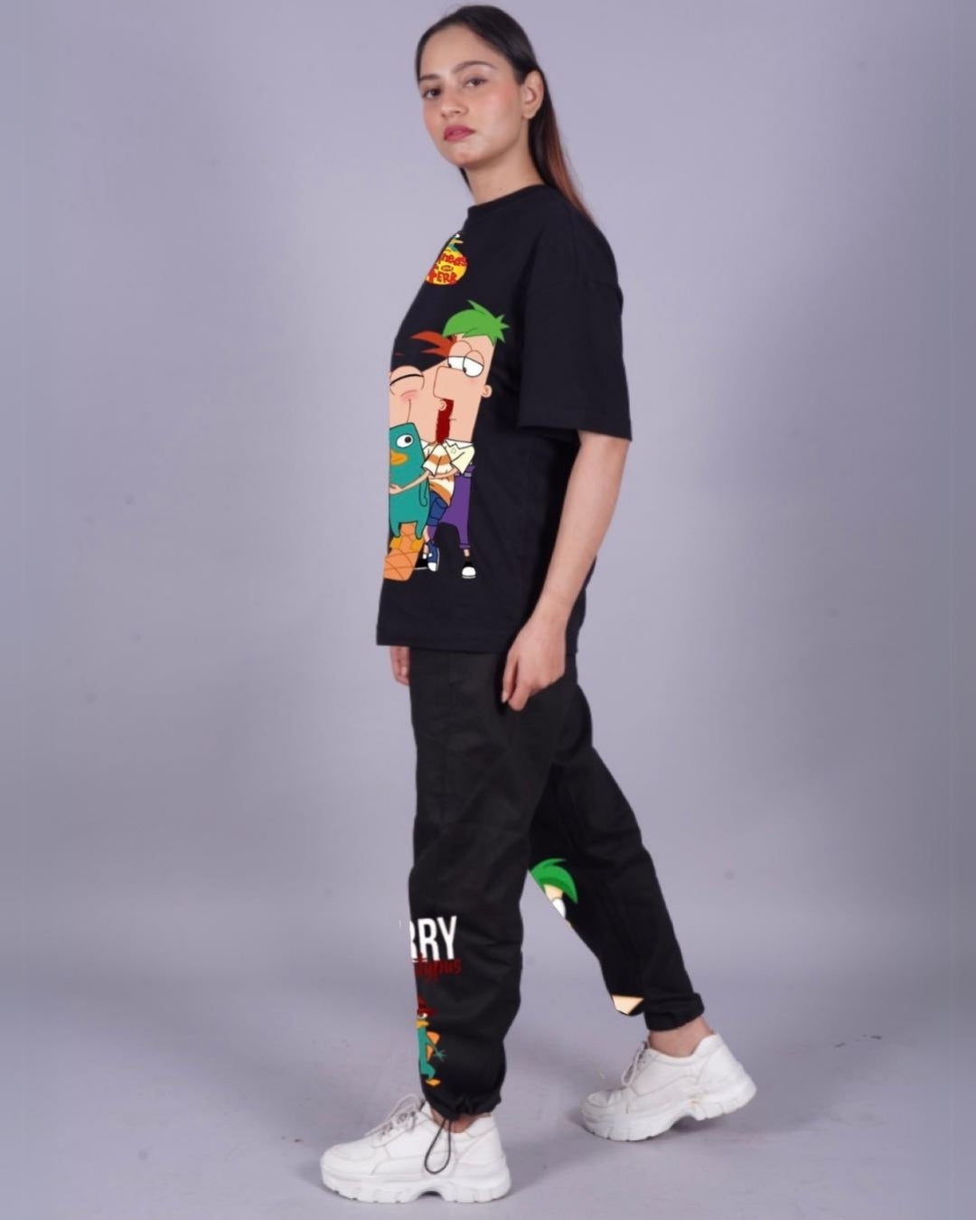 Women Perry the Platypus Oversized Co-Ord Set - Black and Black