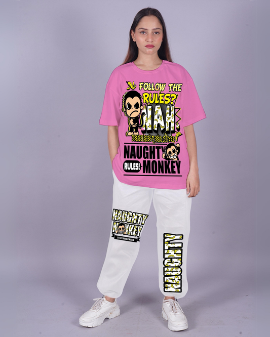 Women Naughty Monkey Oversized Co-Ord Set - Pink and White