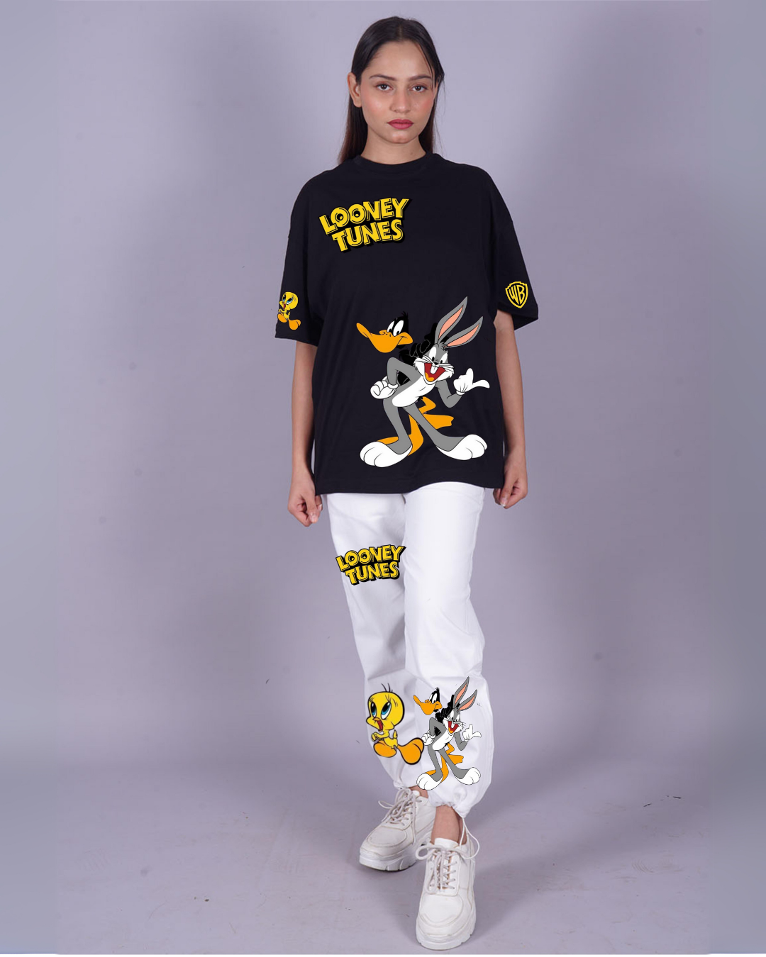 Women Looney Tunes Oversized Co-Ord Set - White and Black