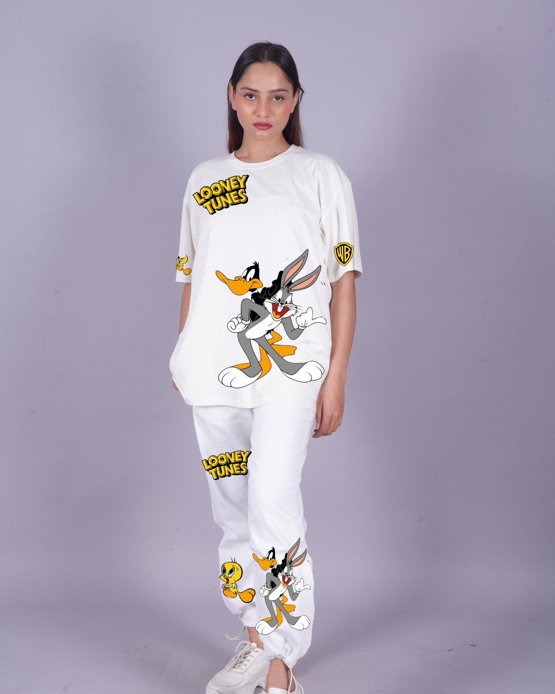 Women Looney Tunes Oversized Co-Ord Set - White and White