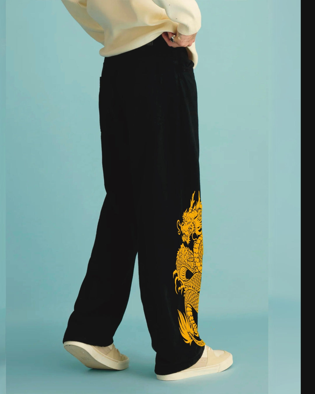 Mens Black Cotton Pants - Dragon Design