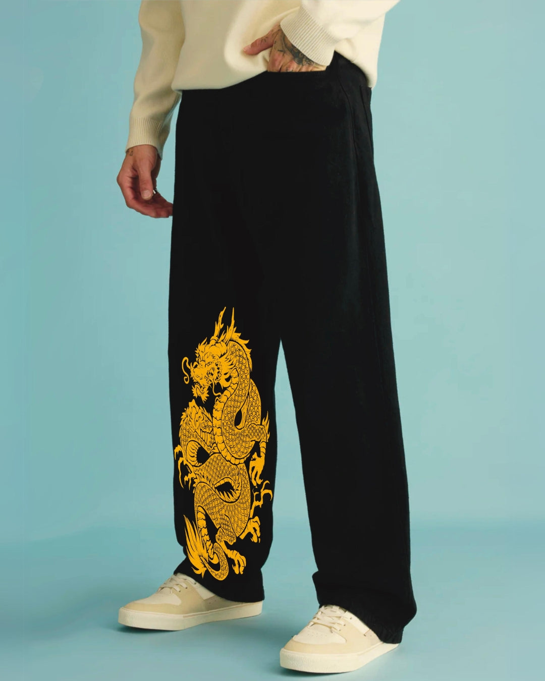 Mens Black Cotton Pants - Dragon Design