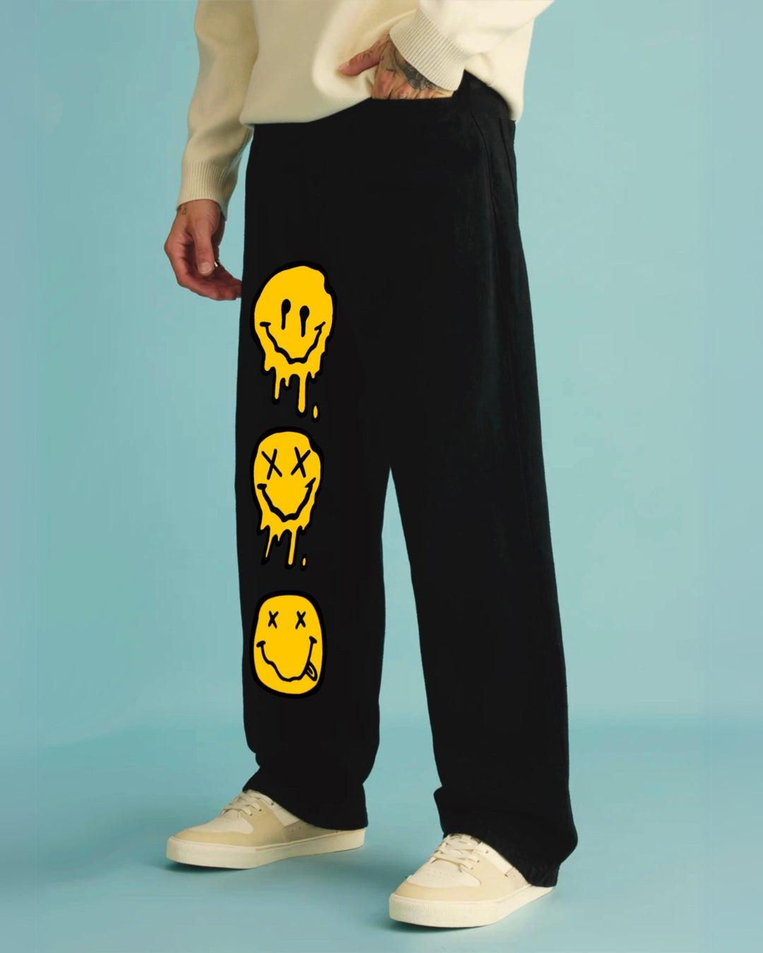 Men Black Cotton Pants with Playful Smiley