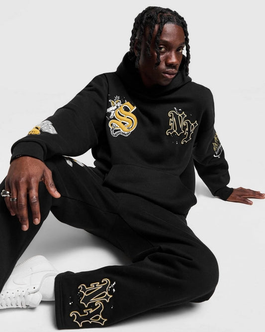 Men's NY Dragon Hoodie Oversized Co-ord Set - Black and Black