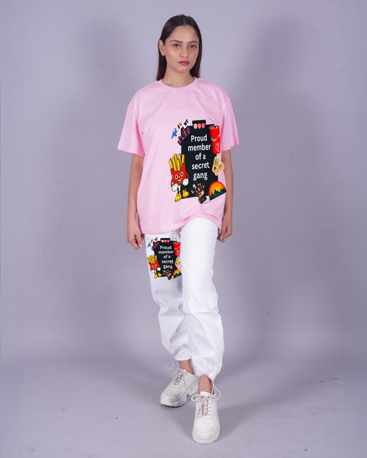 Women Secret Gang Oversized Co-Ord Set - Pink and White