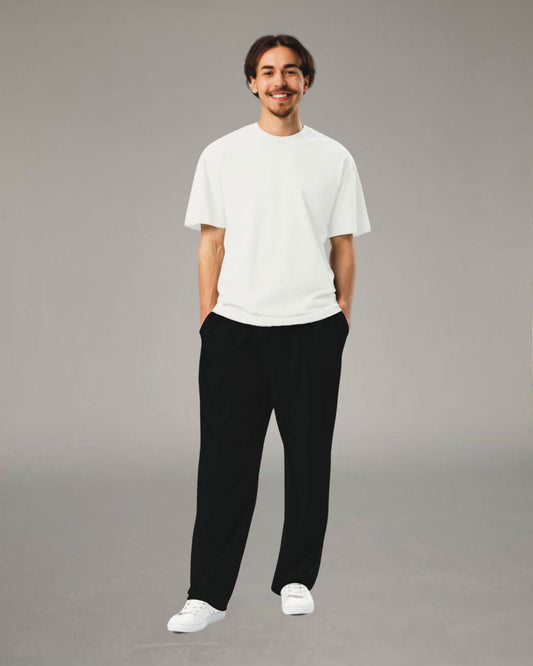 White and Black Solid Oversized Men's Co Ord Set