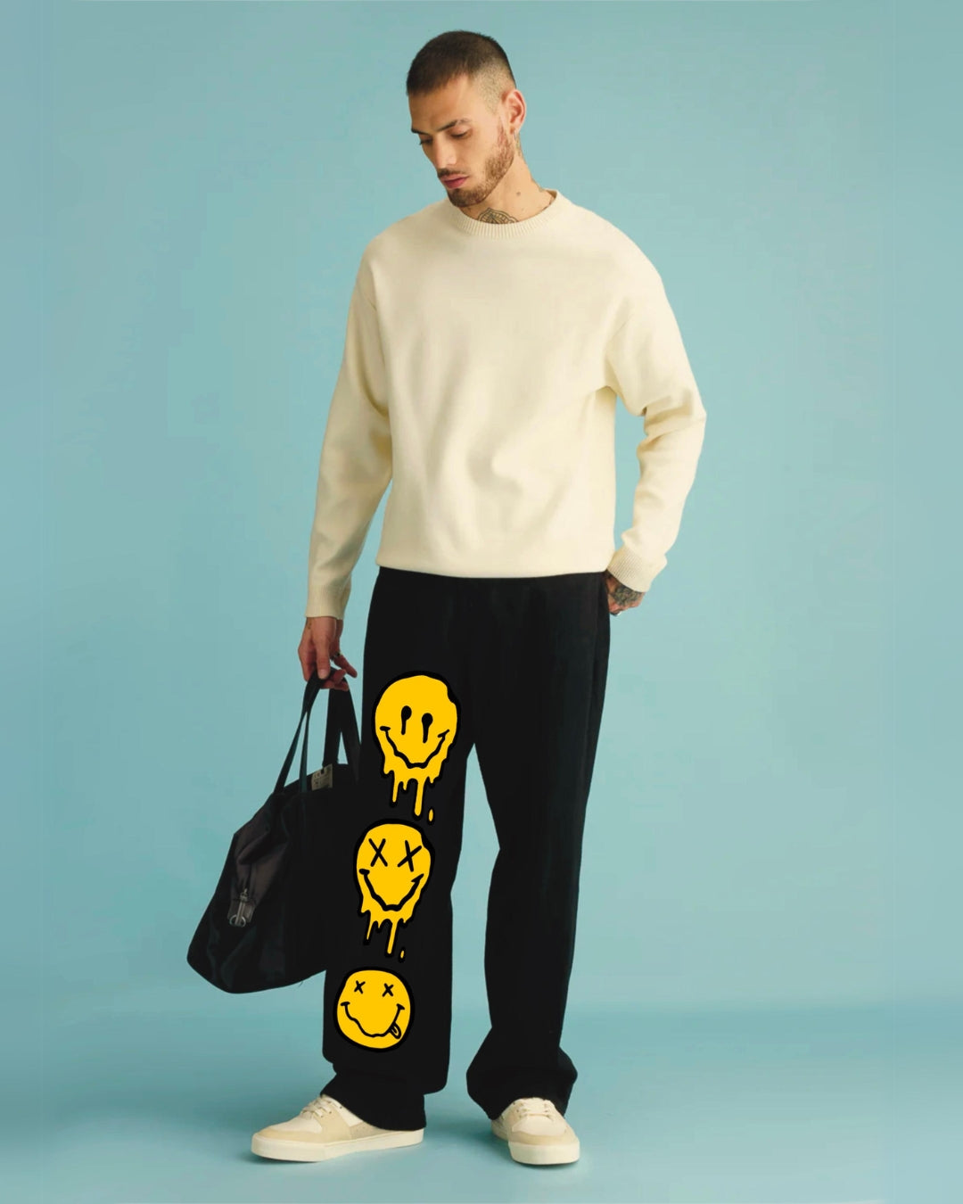 Men Black Cotton Pants with Playful Smiley