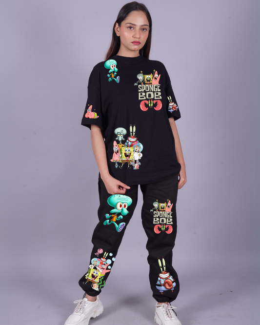 Women SpongeBob Graphic Oversized Co-Ord Set - Black and Black