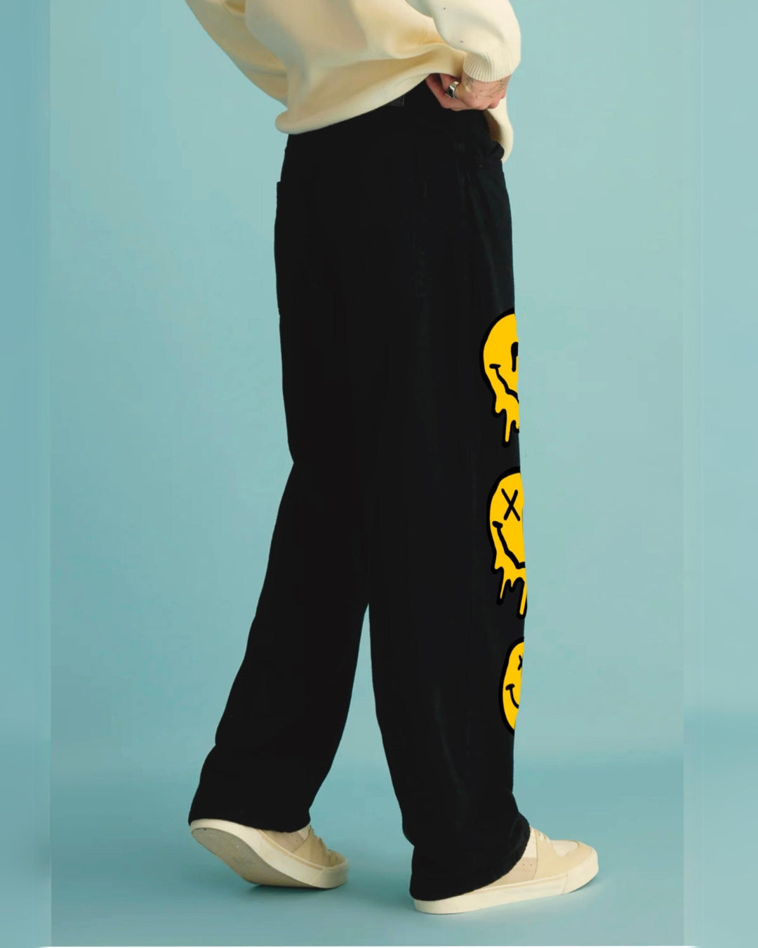 Men Black Cotton Pants with Playful Smiley