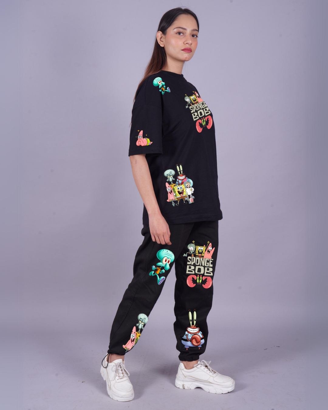 Women SpongeBob Graphic Oversized Co-Ord Set - Black and Black