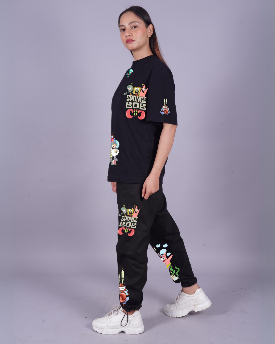 Women SpongeBob Graphic Oversized Co-Ord Set - Black and Black