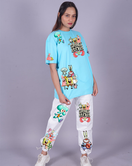 Women SpongeBob Graphic Oversized Co-Ord Set - Blue and White