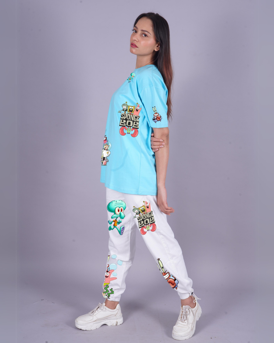 Women SpongeBob Graphic Oversized Co-Ord Set - Blue and White