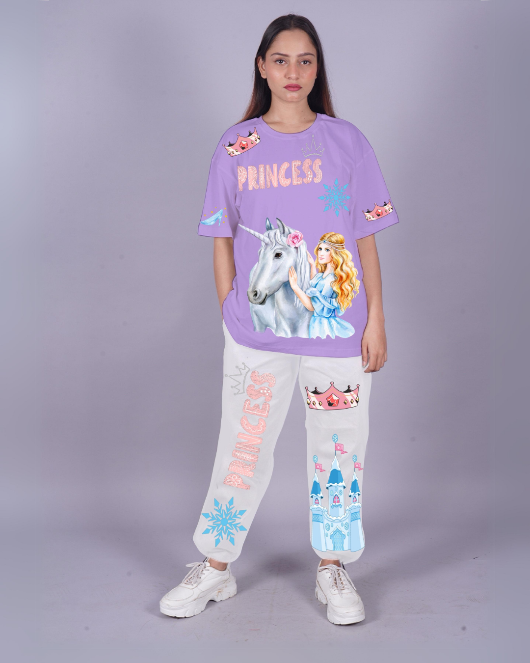 Women Princess Design Oversized Co-Ord Set - Purple and White