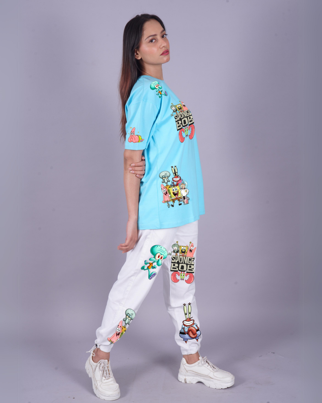 Women SpongeBob Graphic Oversized Co-Ord Set - Blue and White