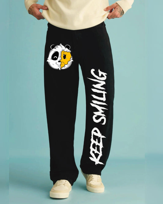 Mens Black Cotton Pants with Keep Smiling Design