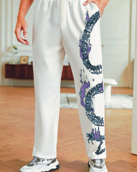 Men's White Cotton Pant - Snaky Accent