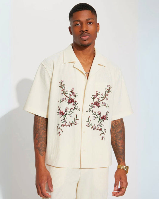 Flower Print Half Sleeve White Oversized Knitted Shirt