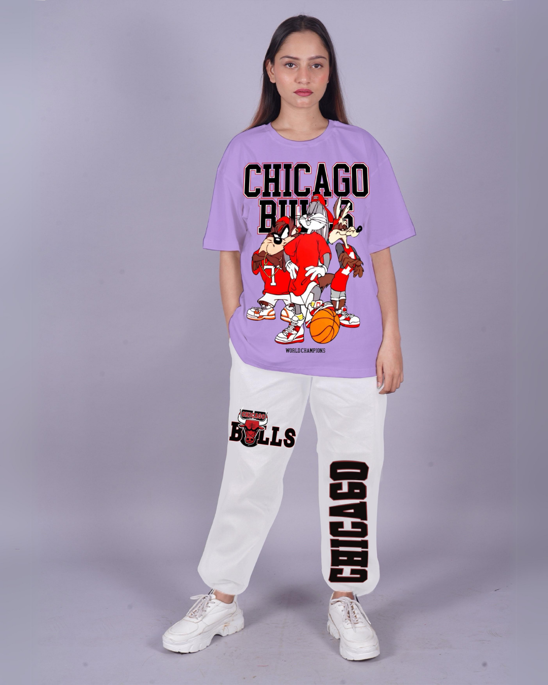 Women Chicago Bulls Oversized Co-Ord Set - Purple and White