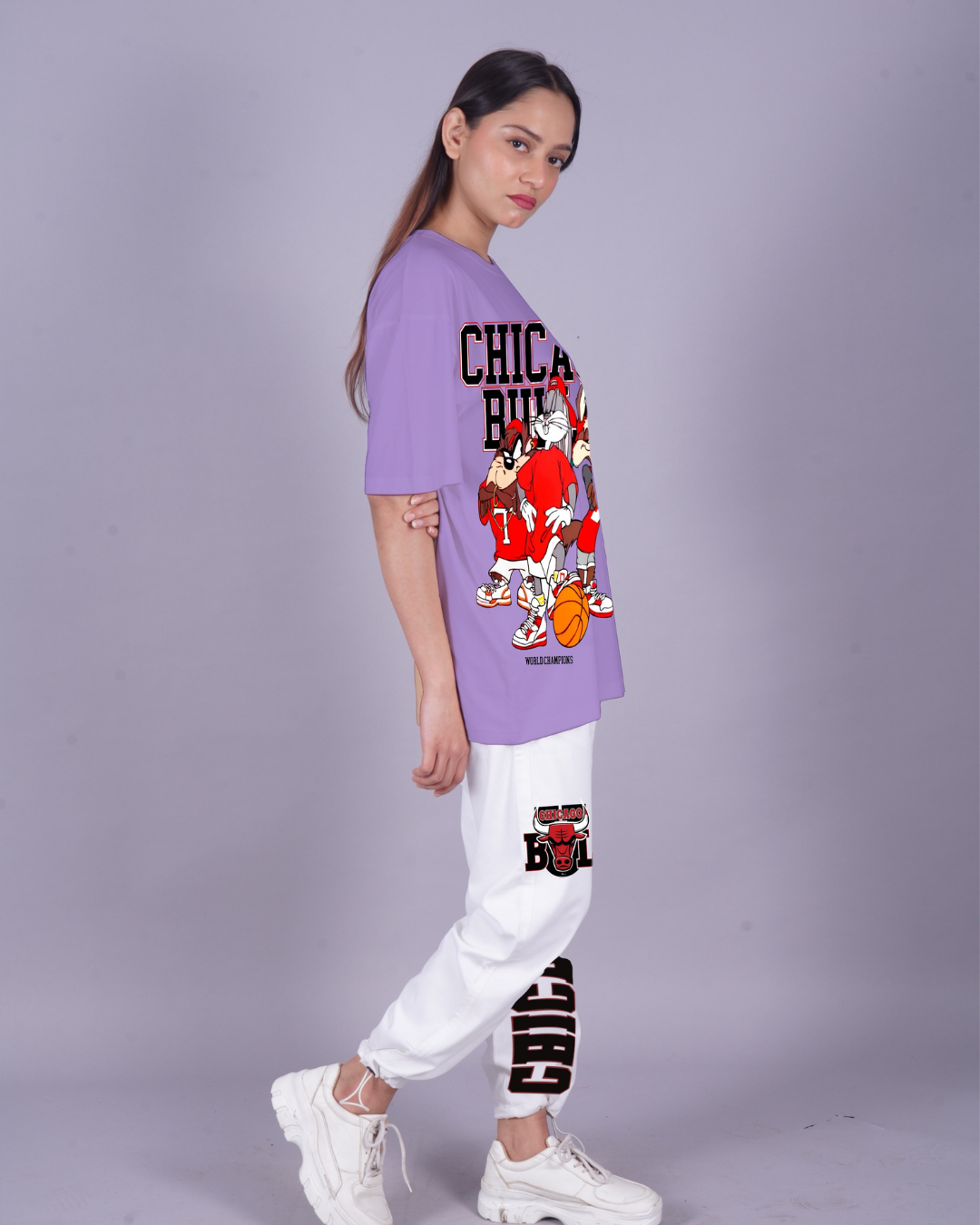 Women Chicago Bulls Oversized Co-Ord Set - Purple and White