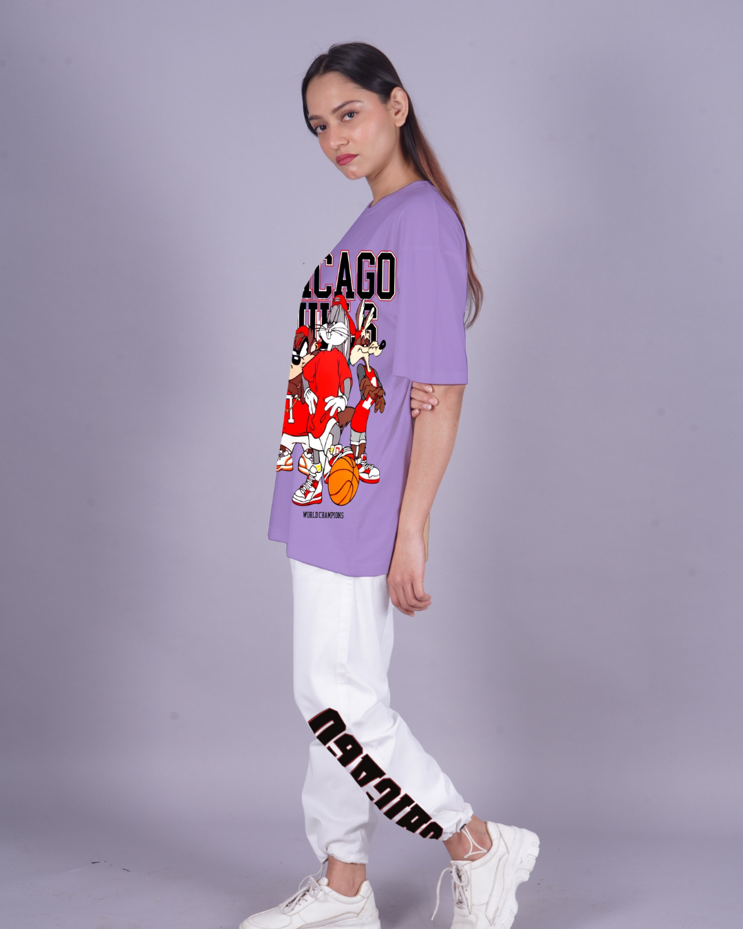 Women Chicago Bulls Oversized Co-Ord Set - Purple and White