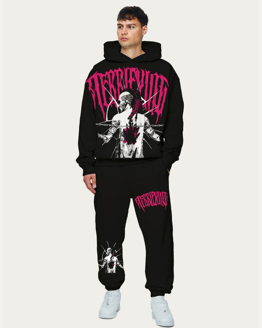 Men's Terrified Man Oversized Hoodie Co-ord Set - Black and Black