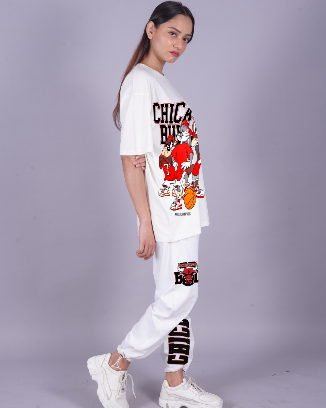 Women Chicago Bulls Oversized Co-Ord Set - White and White