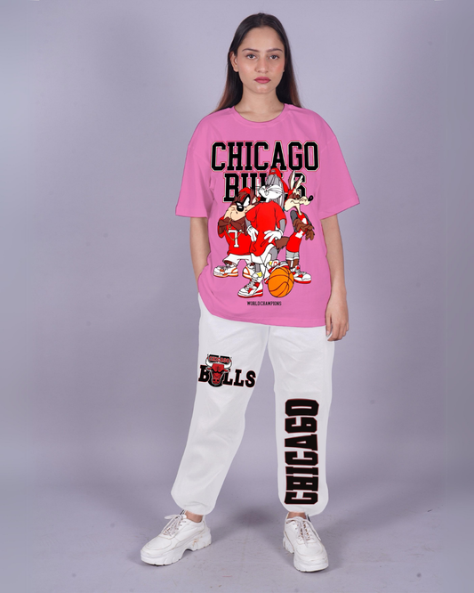 Women Chicago Bulls Oversized Co-Ord Set - Pink and White