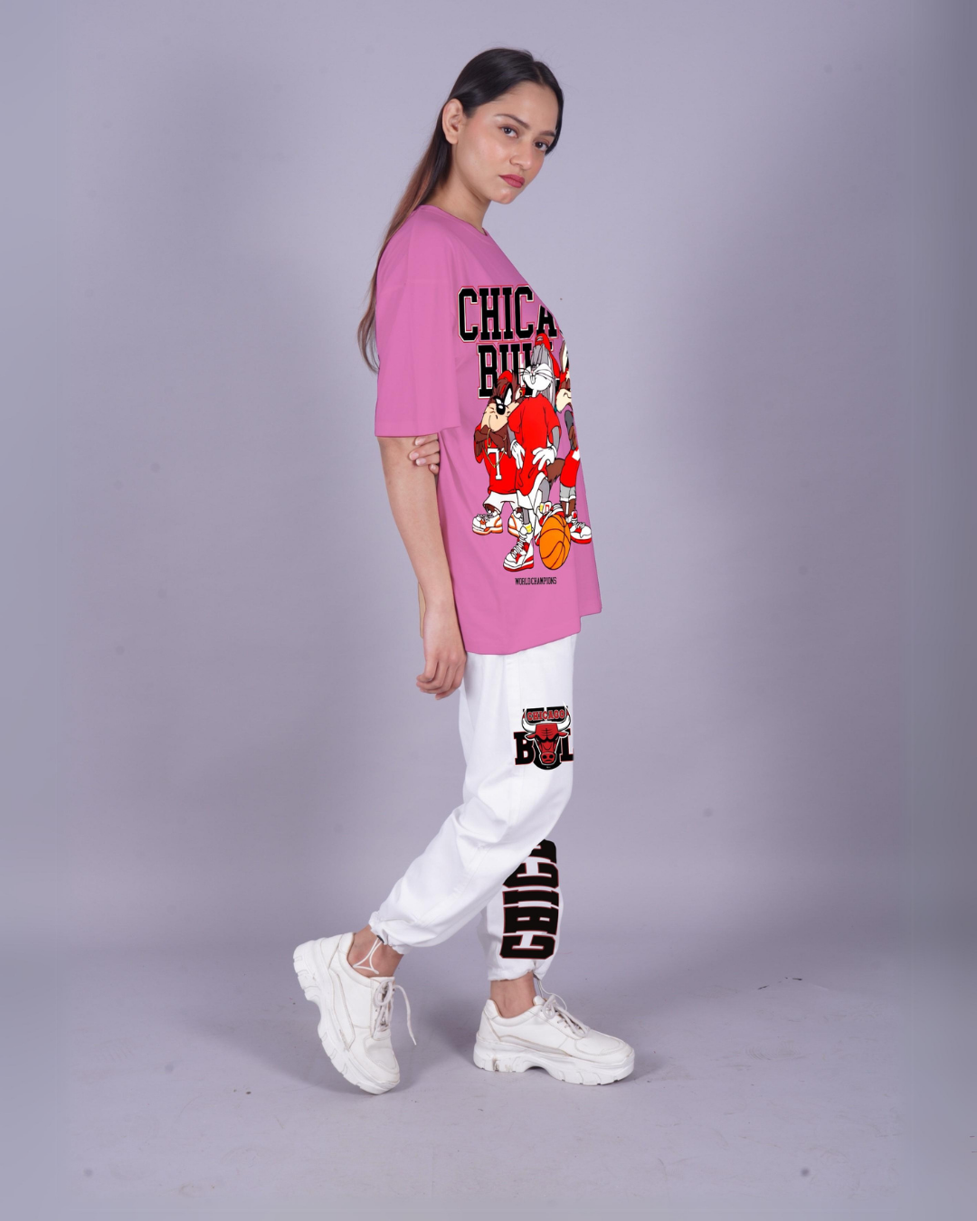 Women Chicago Bulls Oversized Co-Ord Set - Pink and White