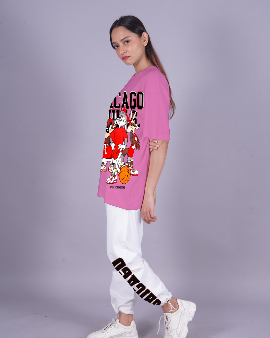 Women Chicago Bulls Oversized Co-Ord Set - Pink and White