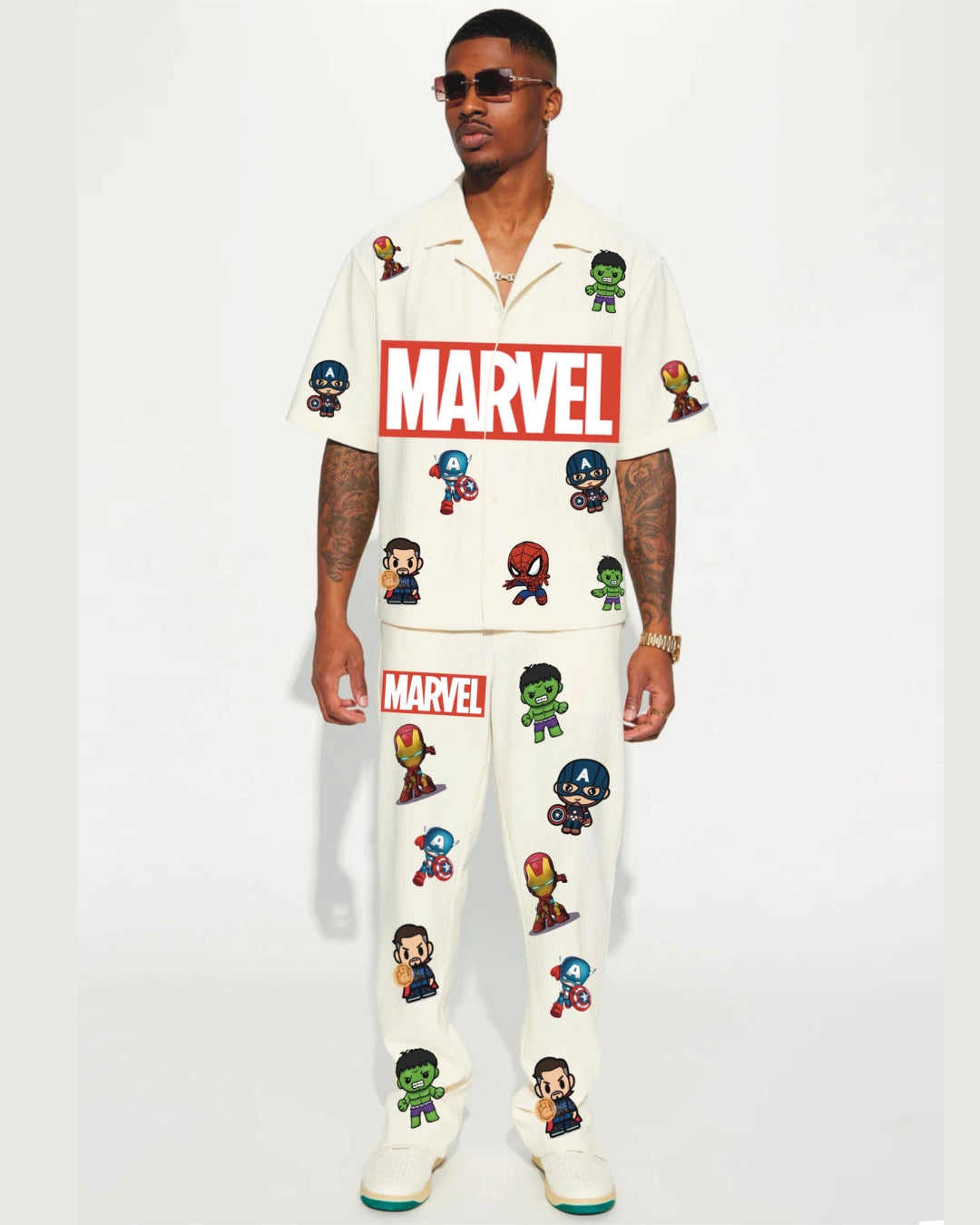 Marvel Theme Half Sleeve Oversized Knitted Shirt Cord Set - White and White