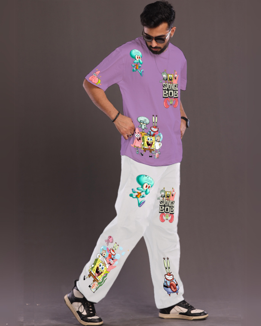 Men's SpongeBob Graphic Oversized Co-Ord Set - Purple and White