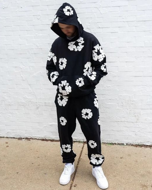 Men's Flower World Hoodie Oversized Co-ord Set - Black and Black