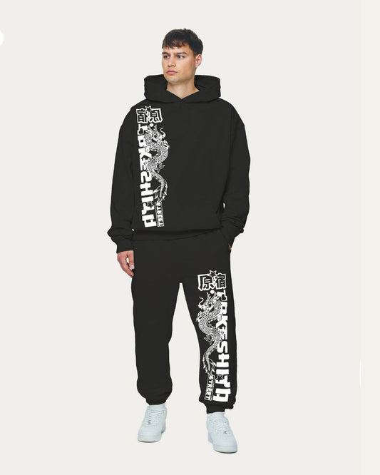 Men's Japanese Dragon Hoodie Oversized Co-ord Set - Black and Black