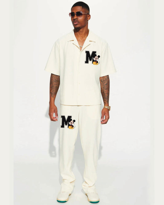 Mickey Boy Half Sleeve Oversized Knitted Shirt Cord Set - White and White