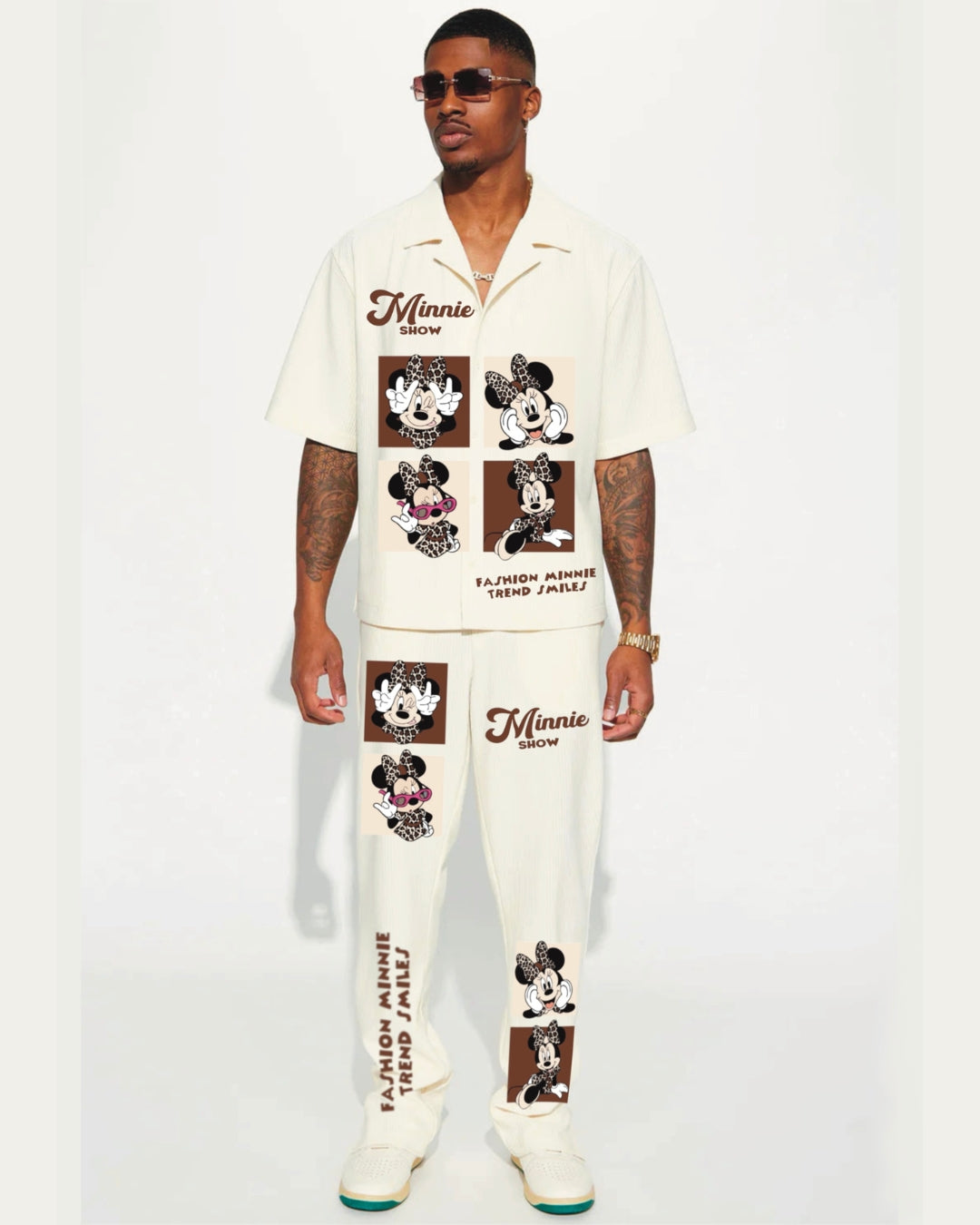 Minnie Show Half Sleeve Oversized Knitted Shirt Cord Set - White and White(*)