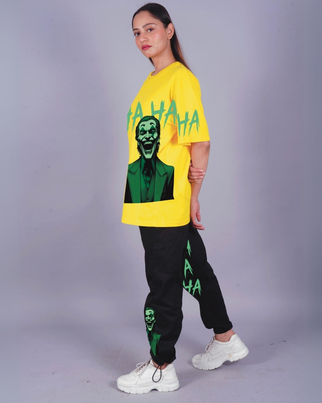 Women Happy Joker Oversized Co-Ord Set - Yellow and Black