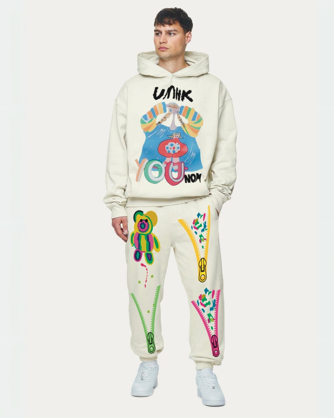 Men's UMHK Hoodie Oversized Co-ord Set - White and White