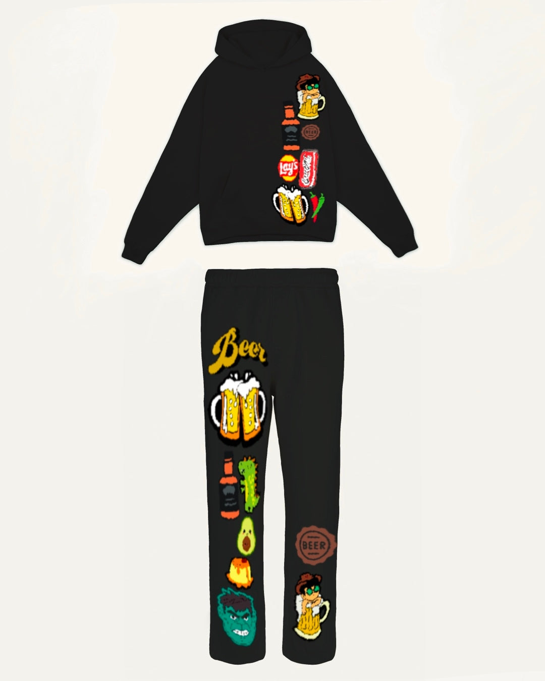 Men's BeerFood Oversized Hoodie Co-ord Set - Black and Black