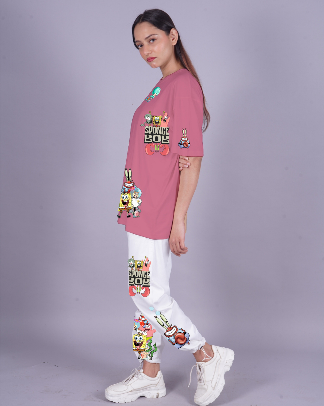 Women SpongeBob Graphic Oversized Co-Ord Set - Pink and White