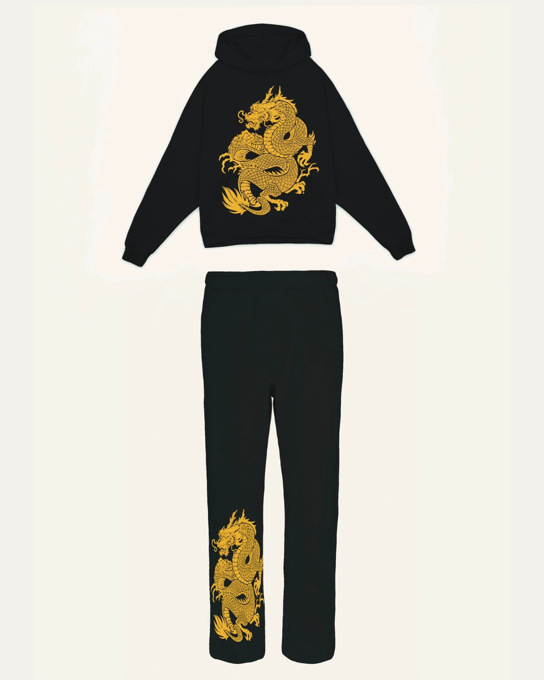 Men's Golden Dragon Oversized Hoodie Co-ord Set - Black and Black