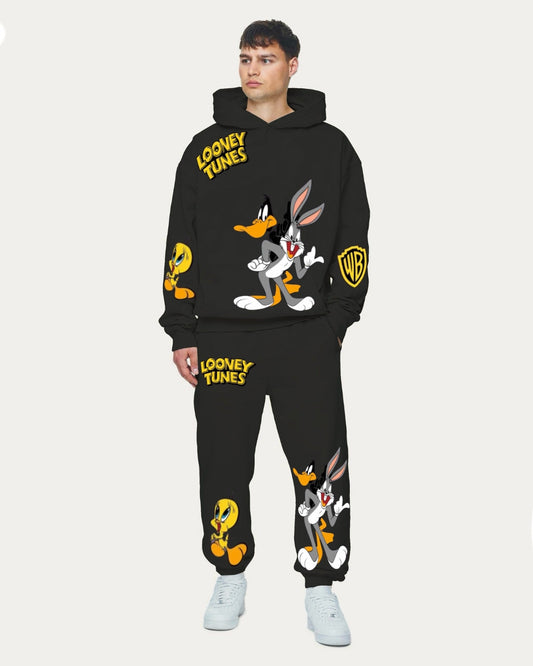 Men's Looney Tunes Hoodie Oversized Co-ord Set - Black and Black