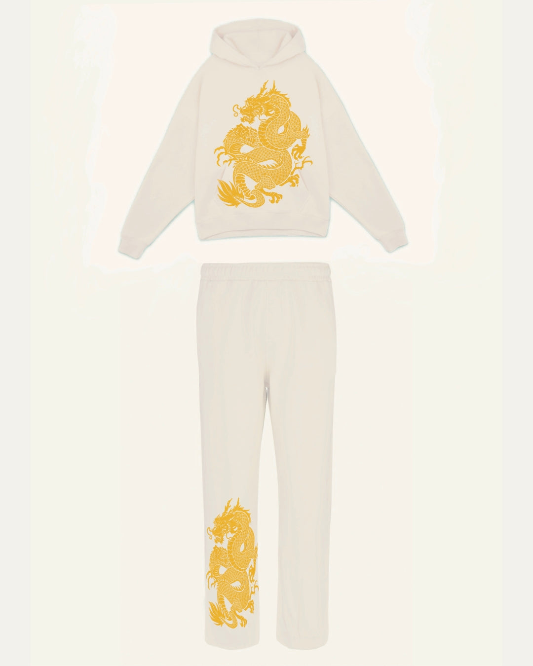 Men's Golden Dragon Oversized Hoodie Co-ord Set - White and White