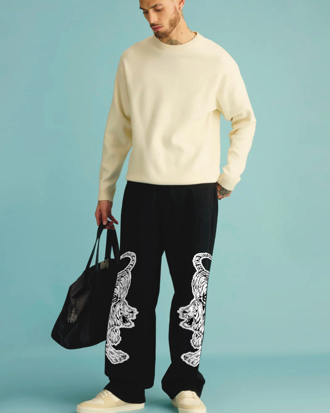 Men's Black Cotton Pants - Snow Tiger