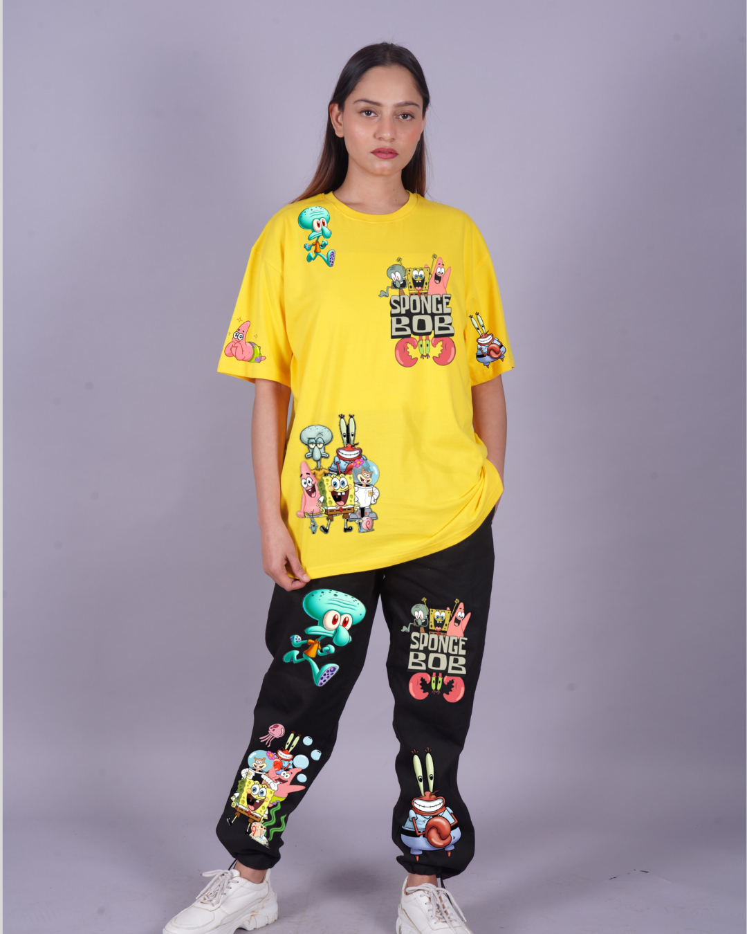 Women SpongeBob Graphic Oversized Co-Ord Set - Yellow and Black