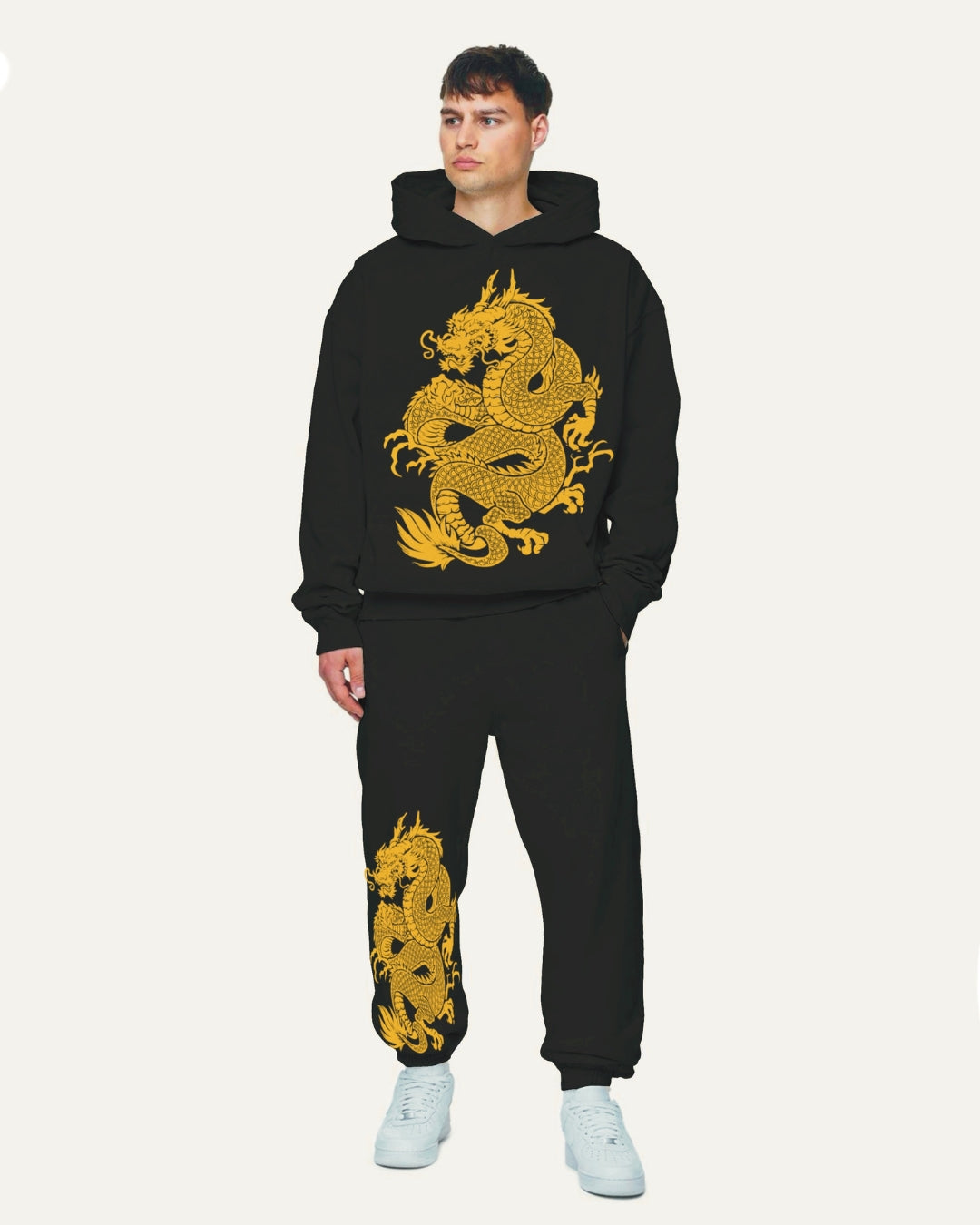 Men's Golden Dragon Oversized Hoodie Co-ord Set - Black and Black