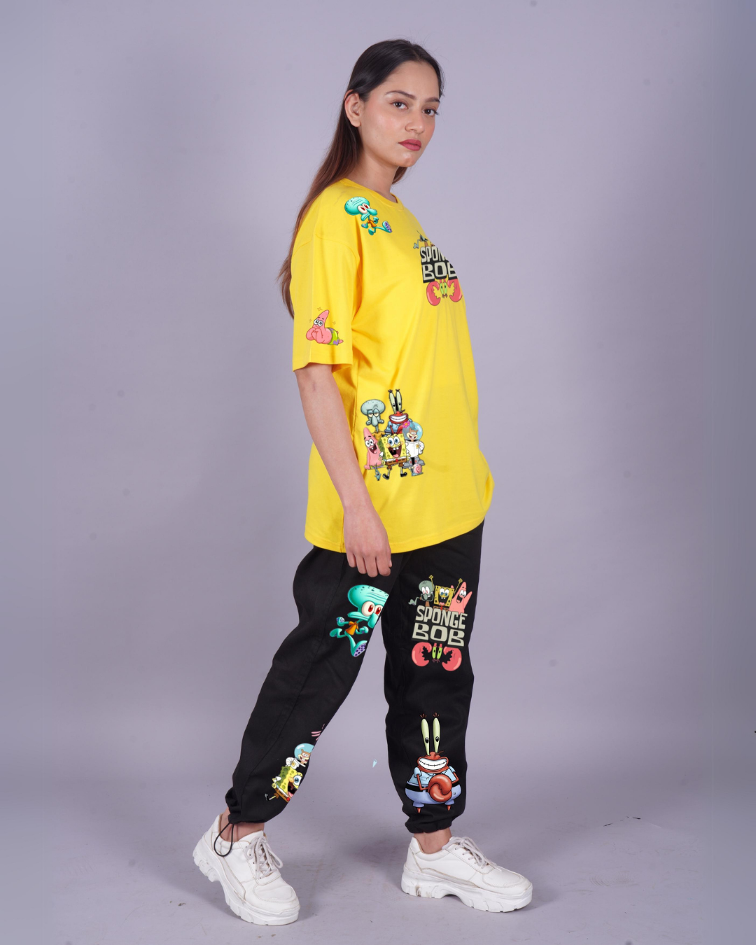 Women SpongeBob Graphic Oversized Co-Ord Set - Yellow and Black