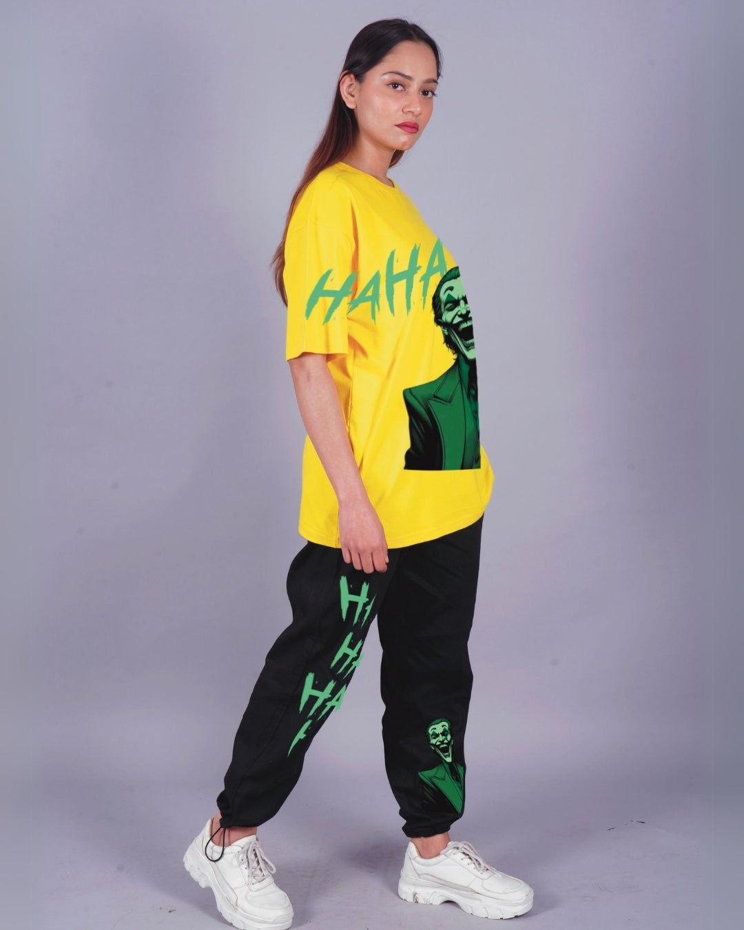 Women Happy Joker Oversized Co-Ord Set - Yellow and Black