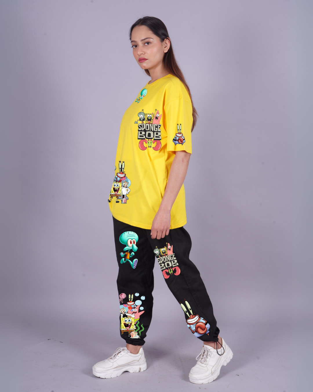 Women SpongeBob Graphic Oversized Co-Ord Set - Yellow and Black