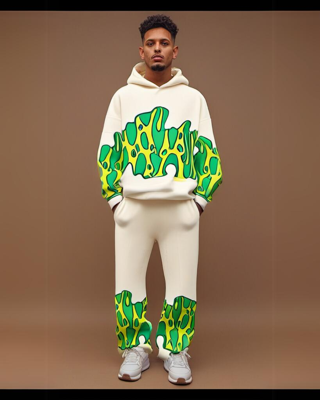 Men's Green Fire Edition Hoodie Oversized Co-ord Set - White and White